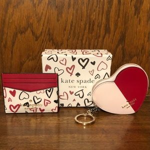 NWT-Kate Spade-SET-Staci Scribble Hearts Card Holder & Heart Coin Purse Keychain